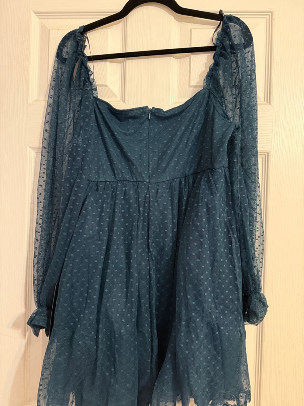 Lulus Dreamy Sweetness Dark Teal Swiss Dot Ruffled Mini Babydoll Dress Blue - Picture 3 of 3